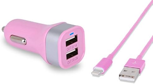 Snatio(TM) 15W 3A Dual Port High Speed USB Car Charger Adapter with 3 Feet USB to 8 Pin Sync & Charging Cable Cord for Apple iPhone 6/ 6 Plus, iPhone 5/ 5s/ 5c, iPod touch 5th gen, iPod Nano 7th gen, iPad Air - Compatible with IOS 8 (Pink)