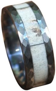 Mens Tungsten &amp; Real Whitetail Deer Antler Ring with Hammered Edge, Comfort Fit, 8mm, Size 11