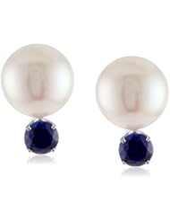 Sterling Silver, Created Gemstone (5 mm), and Freshwater Cultured Pearl (10-10.5mm) Earrings