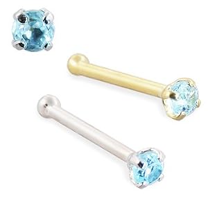 14K Gold Nose Bone with Genuine Blue Topaz, 20 Ga by 