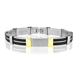 Men's 18k Gold and Stainless Steel with Black Robber Bracelet Bangle (Length 7.5 and Width 8mm)