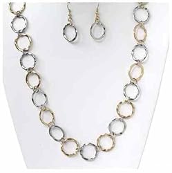 Long Two Tone Hoop Link Necklace and Earrings Set Fashion Jewelry