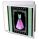 Jaclinart Dress Leaves Nature Damask Ribbons - Purple and teal dress surrounded by leaves and teal green ribbons on black background - Greeting Cards-12 Greeting Cards with envelopes