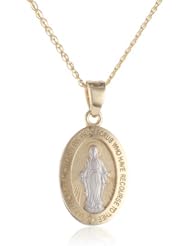 14k Two-Tone Gold Religious Miraculous Mary Medal Pendant Necklace