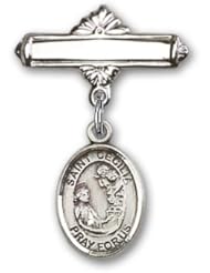 Sterling Silver Baby Badge with St. Cecilia Charm and Polished Badge Pin, Patron Saint of Music, Musicians & Singers