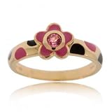 Fine Yellow Gold Flower Ring w Pink Tourmaline & Enamel