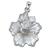 Hawaiian Jewelry Sterling Silver Hibiscus Flower CZ Pendant