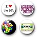 Set of 4 - RETRO 1980s - Pinback Buttons 1.25" Pins / Badges ~ 80s Disco Fever Cassette Rubix Cube
