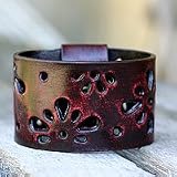 Leather bracelet, 'Floral Red'