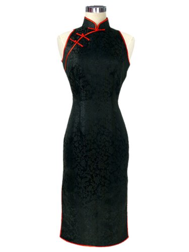 Black Calf-length Silk Dress with Chinese Dragon Motifs