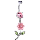 Pink Gem Pearl Flower Dangle Belly Ring