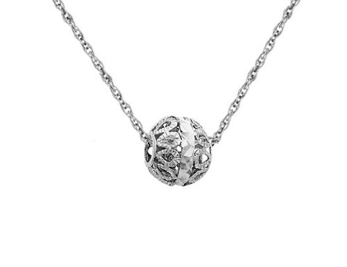 Diamond Cut Fillagree Ball Pendant in 14K White Gold with Chain