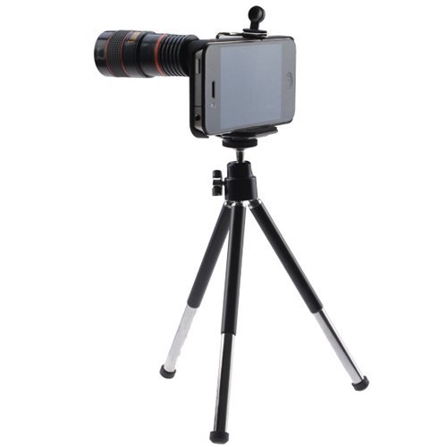 Long Focal 8x Optical Zoom Telescope Lens for Apple iPhone 4 4G Black (Include Universal Holder, Mini Tripod, Cleaning cloth, Black Bag and Case)