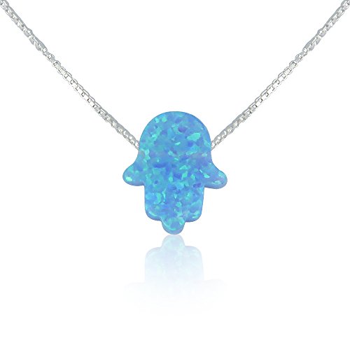 Light Blue Opal Hamsa Hand Necklace - 15 to 22 Inch Sterling Silver Box Chain