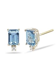 0.02 Cts Diamond & 1.30 Cts of 6x4 mm AA Emerald-cut Swiss Blue Topaz Stud Earrings in 14K Yellow Gold-Screw Backs