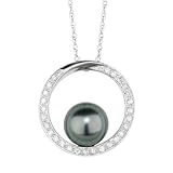 Black Pearl and Diamond Circle Pendant 1/8ctw