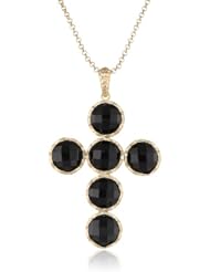 Round Black Glass Rolo Chain In 0.5 Micron Gold Plated Brass Cross Pendant Necklace, 20" + 2" extender