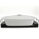 White Rectangle Casserole Dish with Black Wood Tray 3 Quart