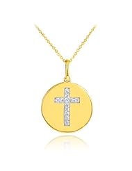 14k Gold Cross Diamond Disc Pendant Necklace