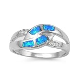 Sterling Silver 8mm Lab Opal Blue & Clear CZ Ring (Size 5 - 9)