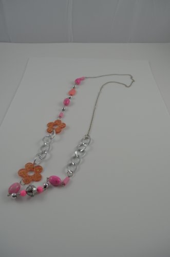 Necklace no clasp long chain beads flowers PINK