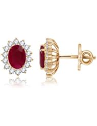 Oval Ruby Diamond Border Earrings (7X5 mm) in Yellow Gold