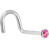 Solid 14KT White Gold 2mm Brilliant Pink Synthetic Opal Nostril Screw - 20 Gauge
