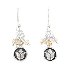 Small Round Raised Lotus Flower Dangle Earrings in Sterling Silver with Citrine Gemstone Beads, #8183