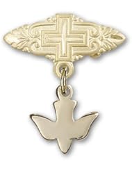 14K Gold Baby Badge with Holy Spirit Charm and Badge Pin with Cross