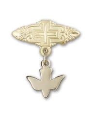 14kt Gold Baby Badge with Holy Spirit Charm and Badge Pin with Cross