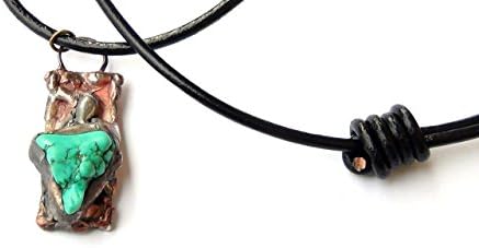 Turquoise necklace, Raw stone,Soldered jewelry, tiffany technique, Copper Bronze Plate.Unique, choker pendant, natural stone, Ooak