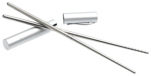 Yamazki Stainless Steel My Chopsticks  in a Silver Cylinder Case, Pair