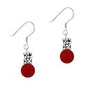 Sterling Silver .925 Red Genuine Sea Bamboo Coral Bead 8mm Dangle Bali Bead Earrings