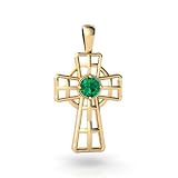 14K Yellow Gold Round Created Emerald Celtic Cross Pendant