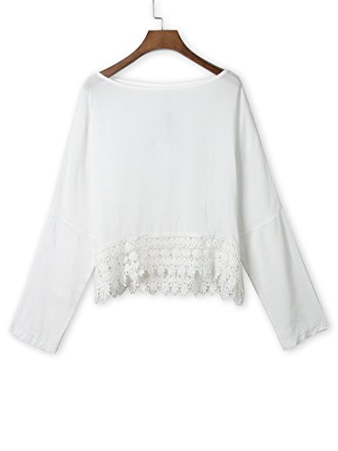 Persun Women White Lace Hem Long Sleeve Plain Blouse