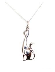 Decorum Jewellery. Solid Sterling Silver 925 slender pussy cat pendant, on a quality 45cm curb chain secured by spring ring clasp with terminals.