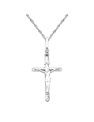 14K White Gold Crucifix Cross Charm Pendant with White Gold 1.2mm Singapore Chain with Spring Ring Clasp - 16" Inches - Pendant Necklace Combination