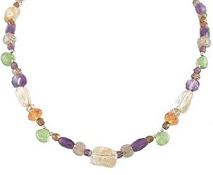 Chunky Peridot, Amethyst, Citrine Gemstone, and Czech Glass Bead Choker Necklace with Sterling Silver Toggle Clasp, 15" Length, #7935