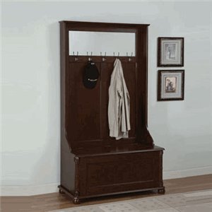 Entryway Hall Tree Coat Hanger with Storage Bench in Heirloom Cherry Finish
