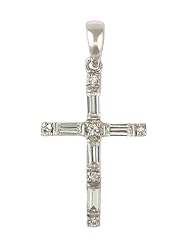 Sterling Silver Cross Pendant Featuring Round and Baguette Shaped Cubic Zirconias