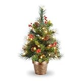 2' Crestwood Spruce Small Christmas Tree with Silver Bristle, Cones, Red Berries and Glitter in a Plastic Bronze Pot; 35 Clear Lights-UL