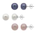 Sterling Silver 3-Pair 10-11mm Genuine Freshwater Cultured White, Peacock, Grey Perl Stud Earring Set