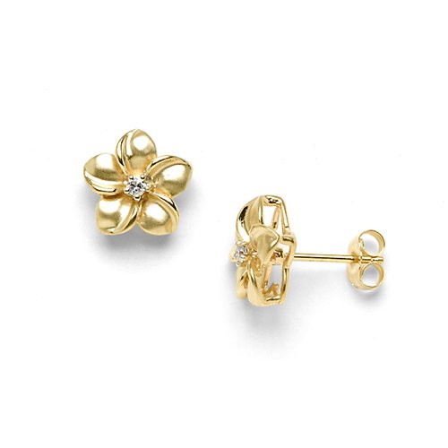 Plumeria Earrings with Diamonds in 14K Yellow Gold - 11mm