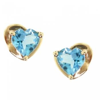 10KT Yellow Gold Stud Earrings w/ Heart Blue Topaz New