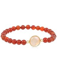 Carnelian Round Bead and Gold over Silver Freshwater Cultured Pearl Bezel Stretch Bracelet, 7.5"