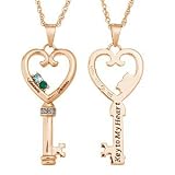 Couples Name & Birthstone Key to My Heart Pendant with Genuine Diamond - Personalized Jewelry