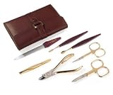 24K Gold plated 7 piece Men'sTravel Manicure set in Whiskey-brown Leather case, Germany
