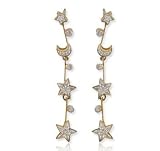 14K Yellow Gold Moon & Star 1/4 Ct Diamond Drop Earrings