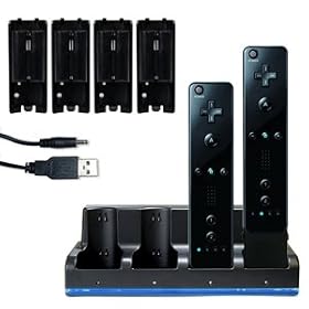 Invero Noire Quad Quatre Station Chargeur + 4 batteries compatible avec Nintendo Wii (MotionPlus or Non Motion)