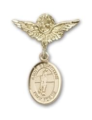 Gold Filled Baby Badge with St. Sebastian Volleyball Charm and Angel with Wings Badge Pin